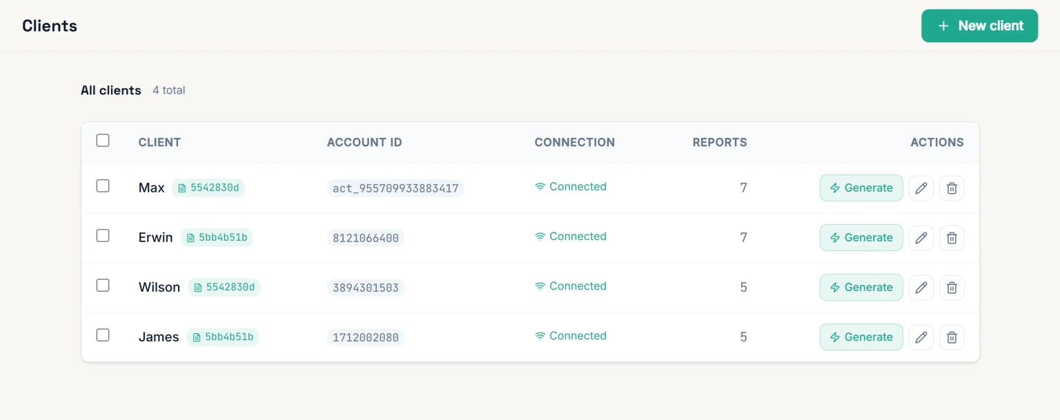 Clients screen with ad account connections