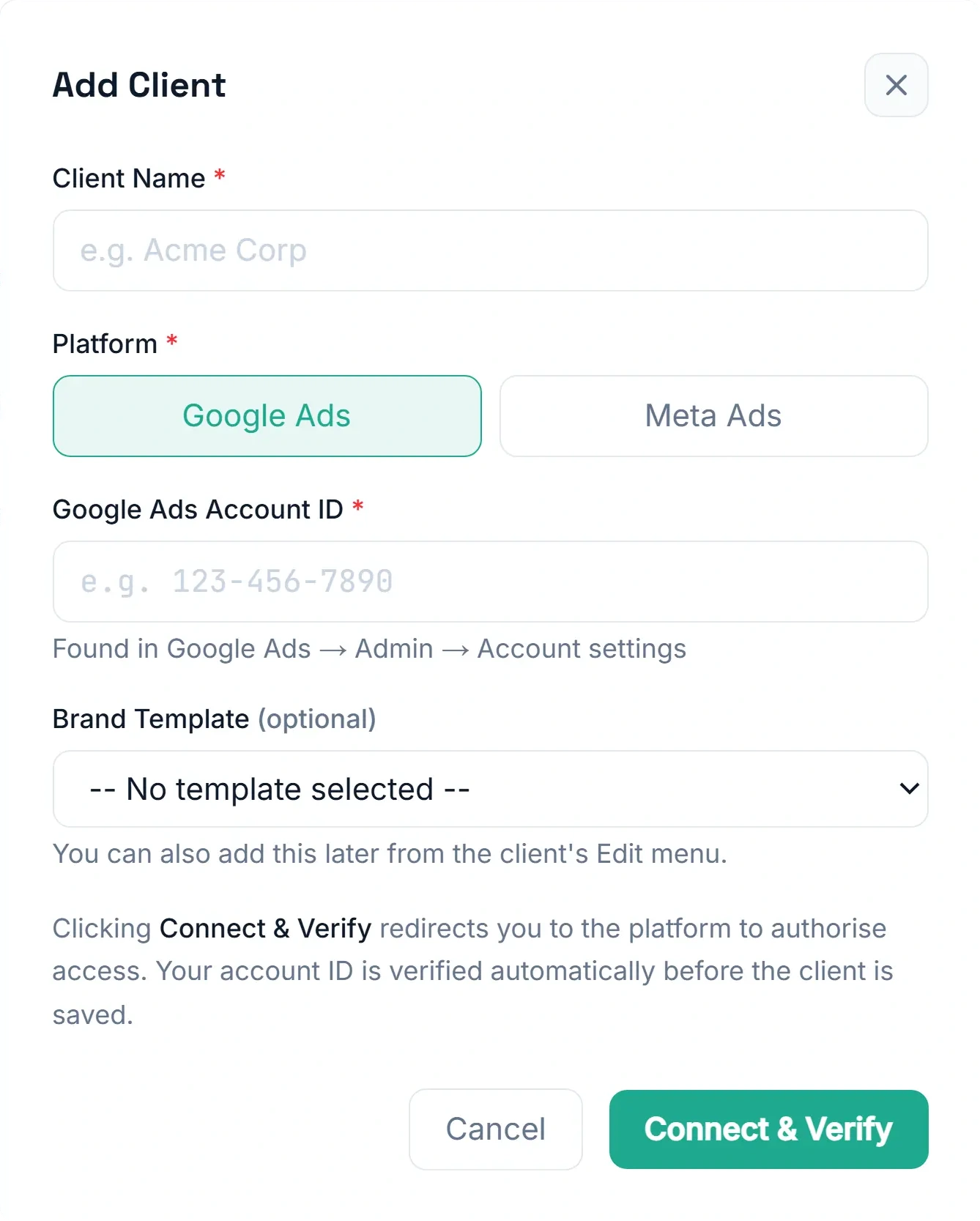 Google Ads account connection modal