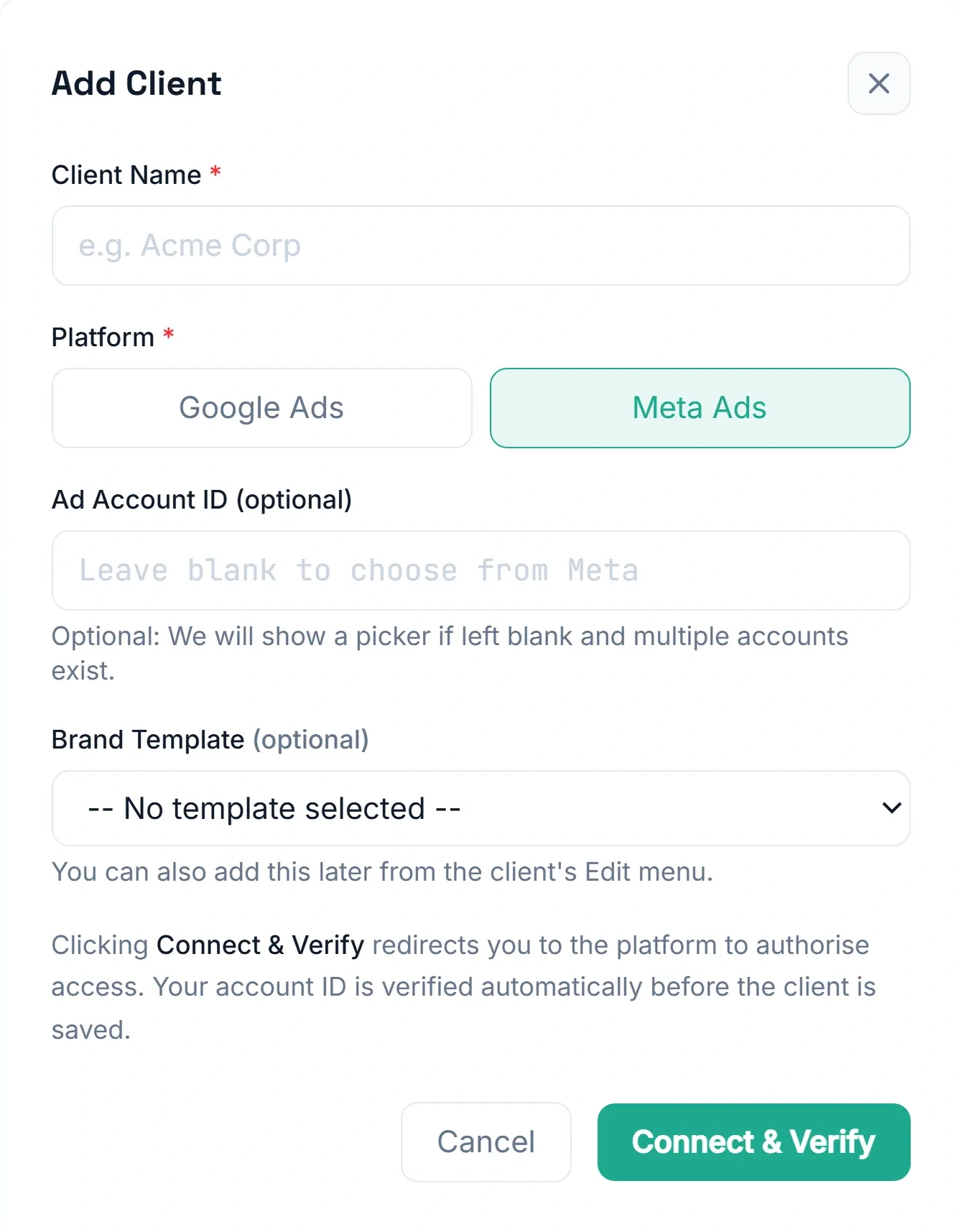 Meta Ads account connection modal